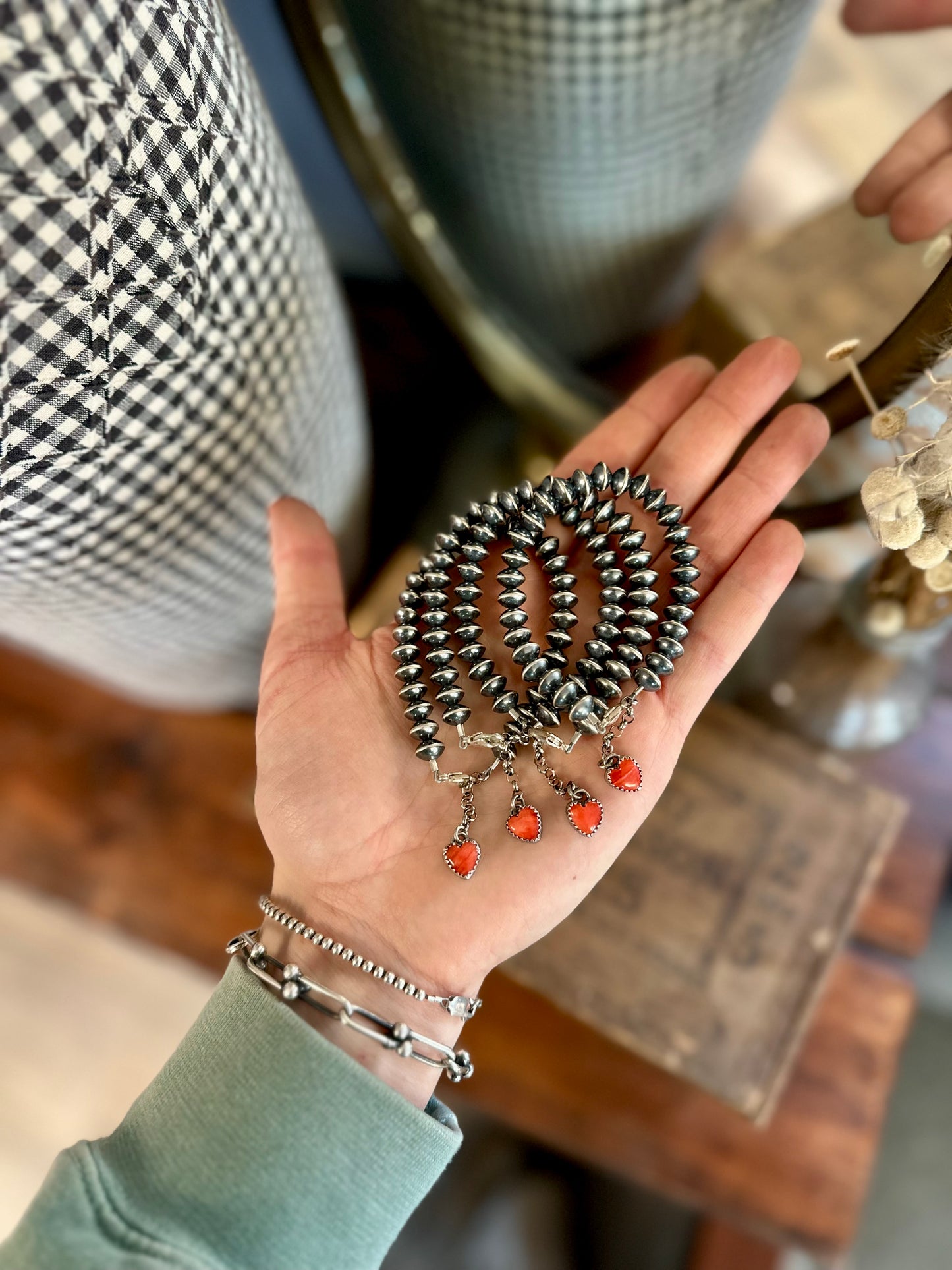 8mm Sterling Saucers +Red Spiny Heart Bracelet